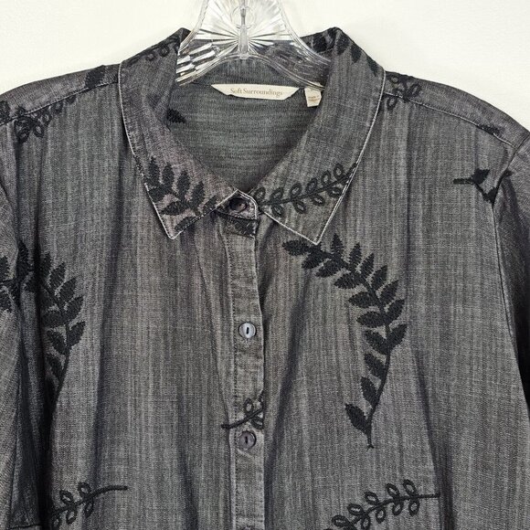 Soft Surroundings Womens Button Down Shirt Size Large Gray Black Papyrus Floral - Picture 3 of 11